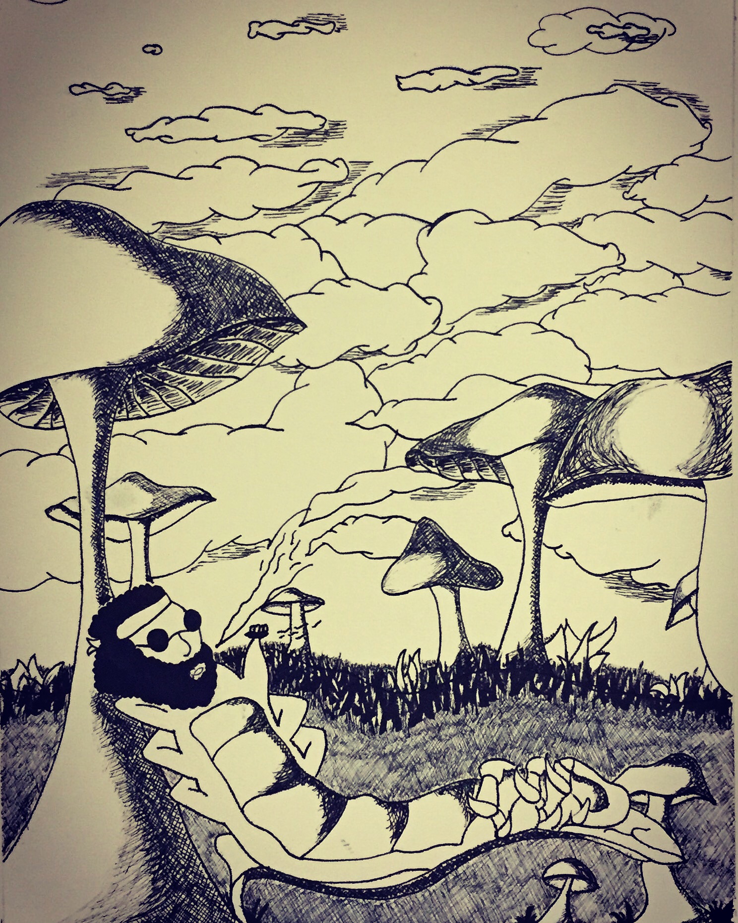 Catipiller somking on a mushroom